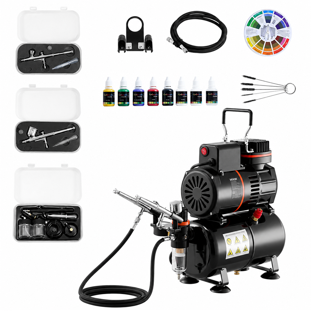 Air brush Compressor with Tank 1/6 HP 120W Kit with 3 Dual Action Airbrushes and 8 Paints