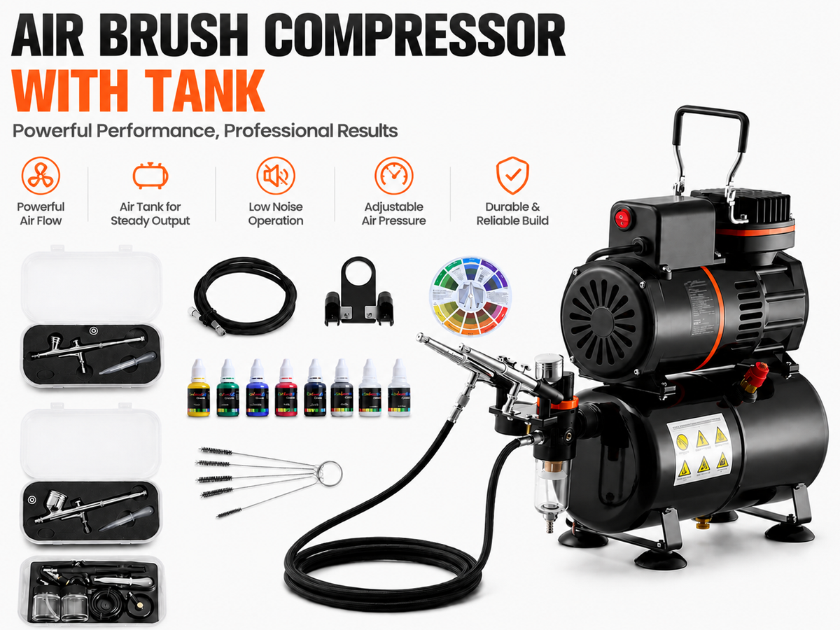 Air brush Compressor with Tank 1/6 HP 120W Kit with 3 Dual Action Airbrushes and 8 Paints