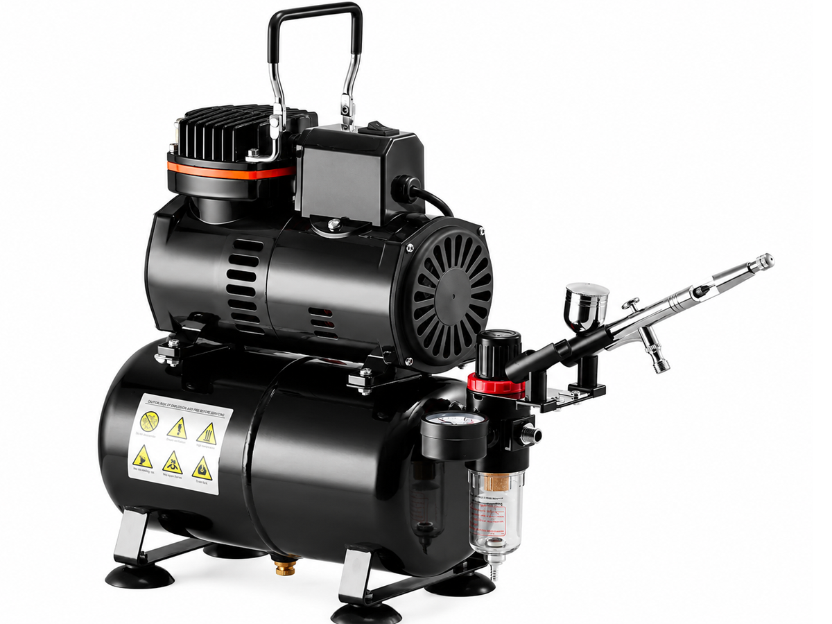 Air brush Compressor with Tank 1/6 HP 120W Kit with 3 Dual Action Airbrushes and 8 Paints