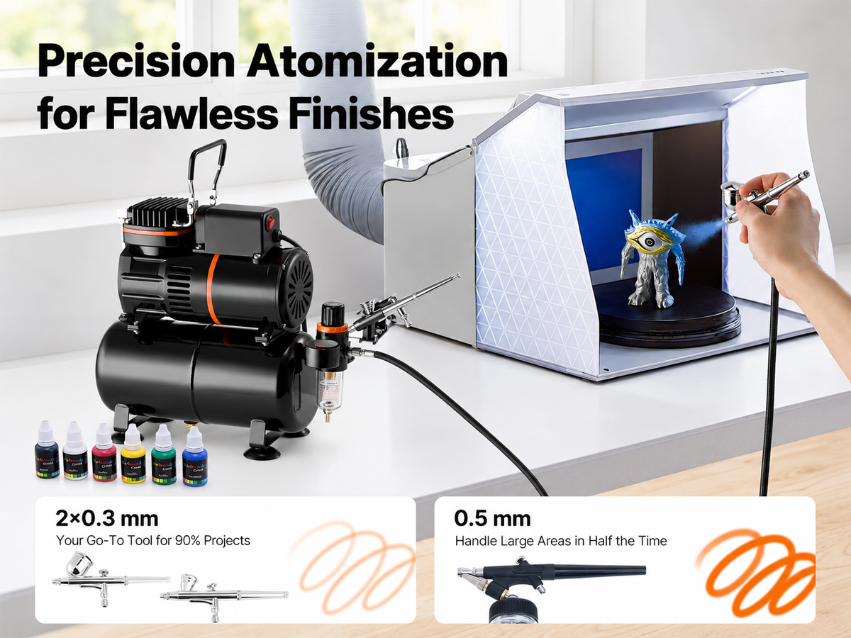 Air brush Compressor with Tank 1/6 HP 120W Kit with 3 Dual Action Airbrushes and 8 Paints