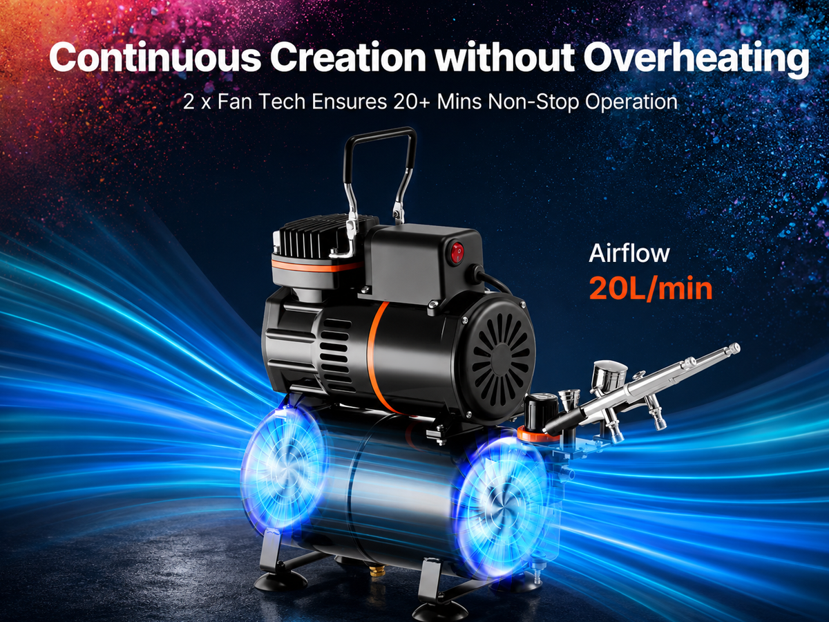 Air brush Compressor with Tank 1/6 HP 120W Kit with 3 Dual Action Airbrushes and 8 Paints