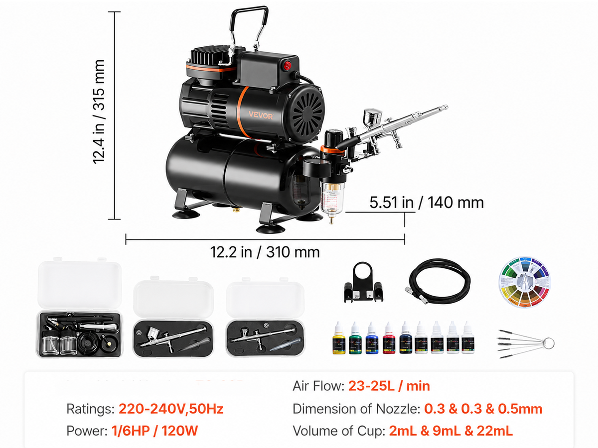Air brush Compressor with Tank 1/6 HP 120W Kit with 3 Dual Action Airbrushes and 8 Paints