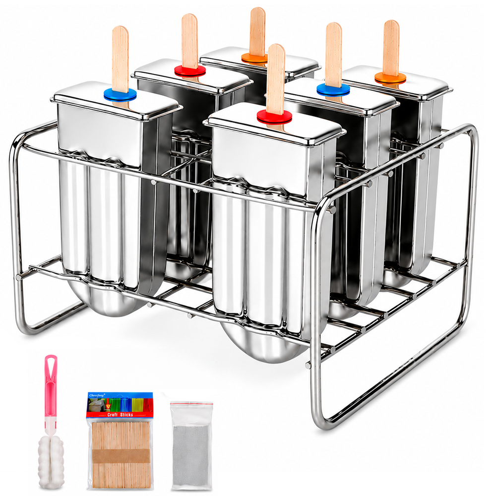 Stainless Steel Popsicle Mould Set 6 Cavity BPA Free Ice Lolly Maker with 50 Sticks