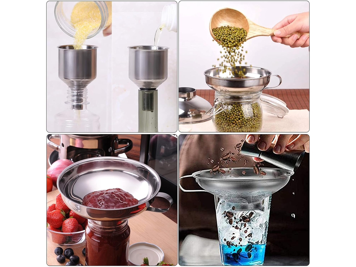 Canning Funnel Set 4PCS Stainless Steel Kitchen Funnels with Preserving Jar Clip