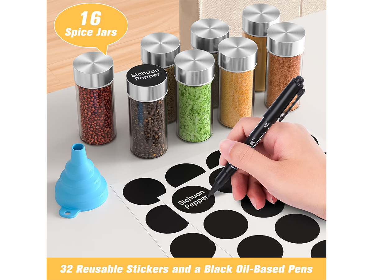Spice Rack Stand Carousel 16 Jar Rotating Stainless Steel Spice Organizer with Glass Jars, Labels, Funnel & Pen