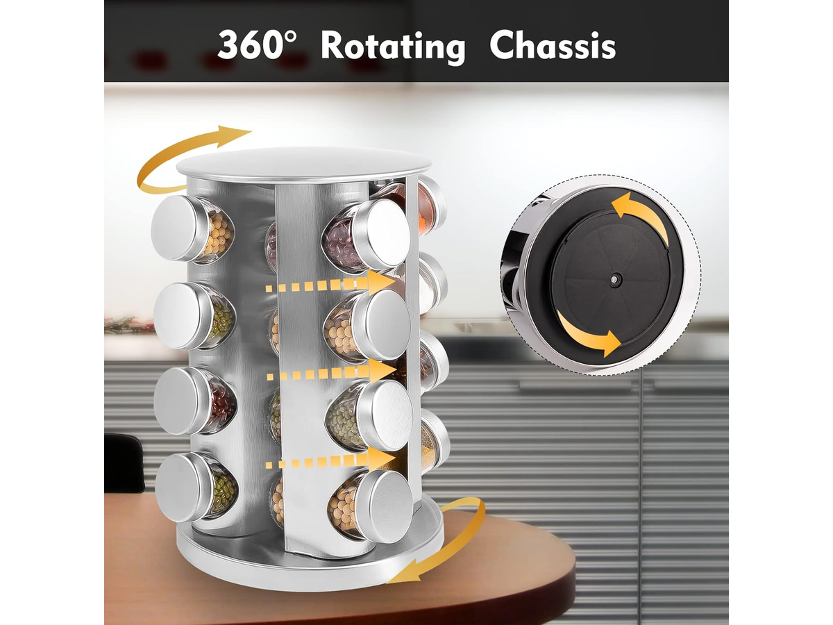 Spice Rack Stand Carousel 16 Jar Rotating Stainless Steel Spice Organizer with Glass Jars, Labels, Funnel & Pen