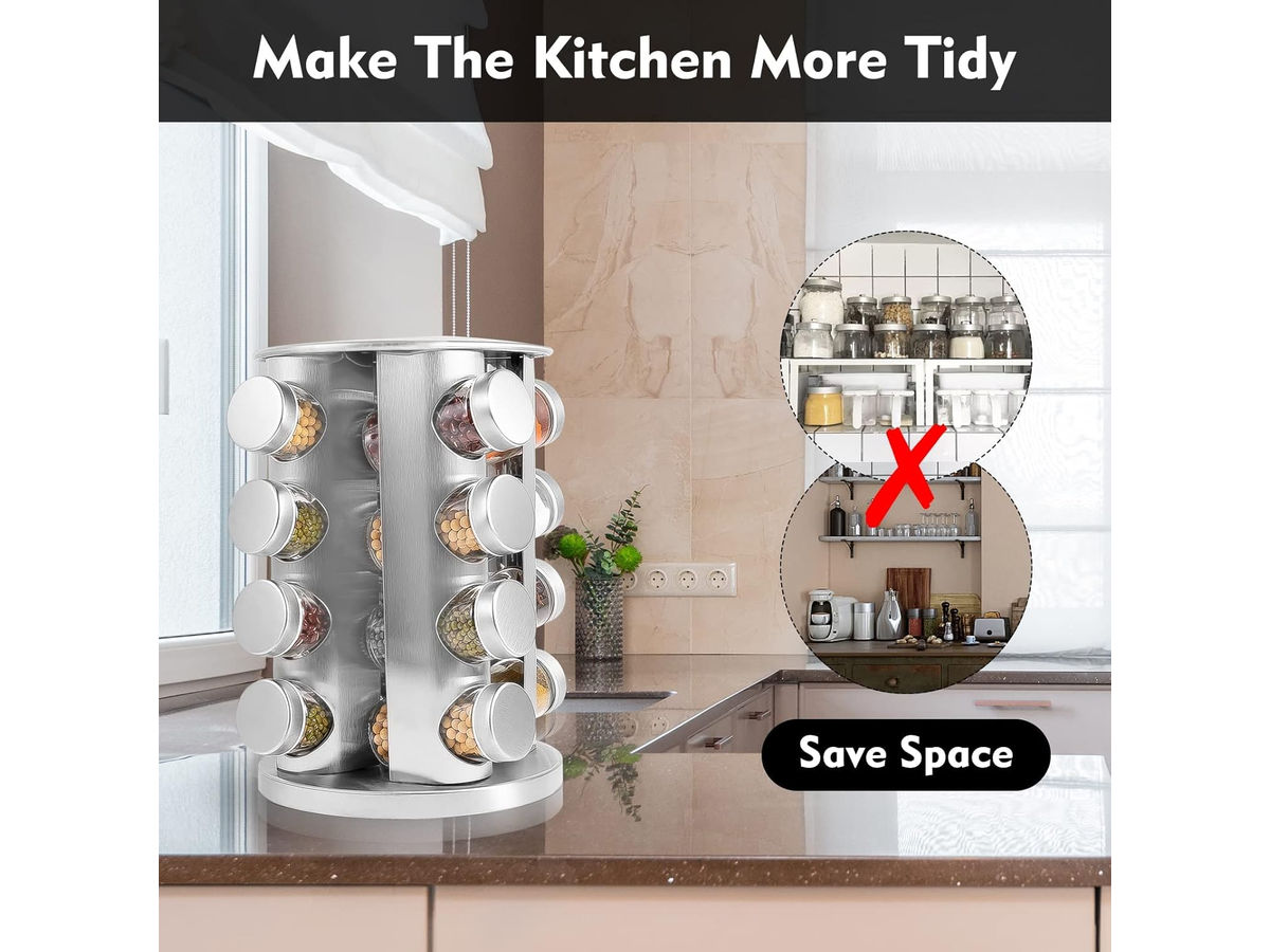 Spice Rack Stand Carousel 16 Jar Rotating Stainless Steel Spice Organizer with Glass Jars, Labels, Funnel & Pen