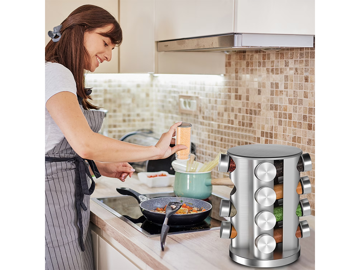 Spice Rack Stand Carousel 16 Jar Rotating Stainless Steel Spice Organizer with Glass Jars, Labels, Funnel & Pen