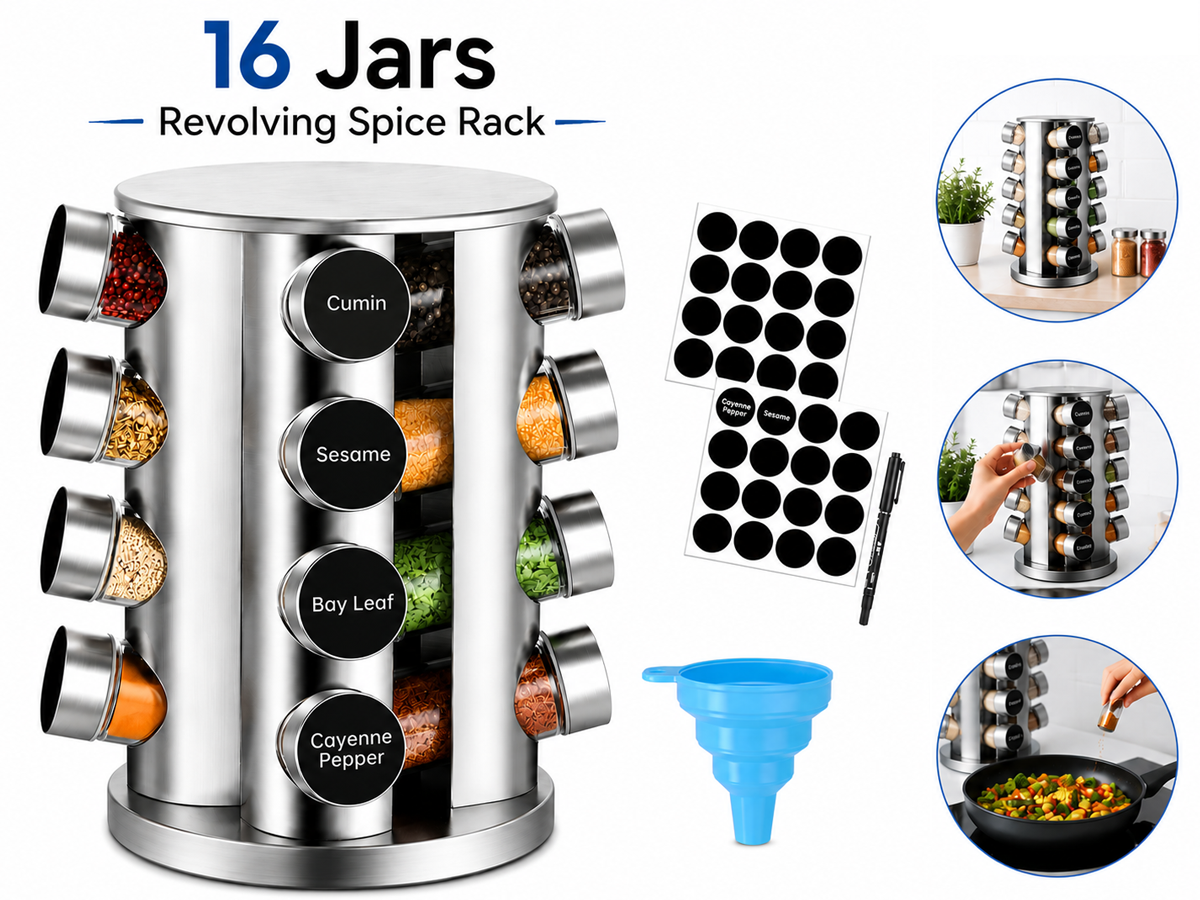 Spice Rack Stand Carousel 16 Jar Rotating Stainless Steel Spice Organizer with Glass Jars, Labels, Funnel & Pen
