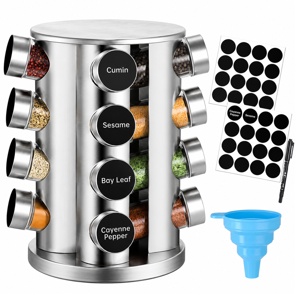 Spice Rack Stand Carousel 16 Jar Rotating Stainless Steel Spice Organizer with Glass Jars, Labels, Funnel & Pen