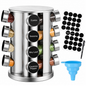 Spice Rack Stand Carousel 16 Jar Rotating Stainless Steel Spice Organizer with Glass Jars, Labels, Funnel & Pen