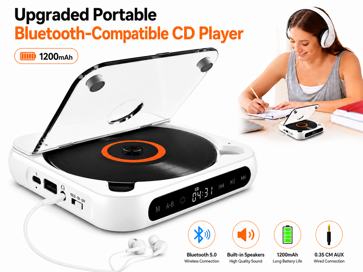 Portable CD Player with Bluetooth Rechargeable CD Player with 1200mAh Battery