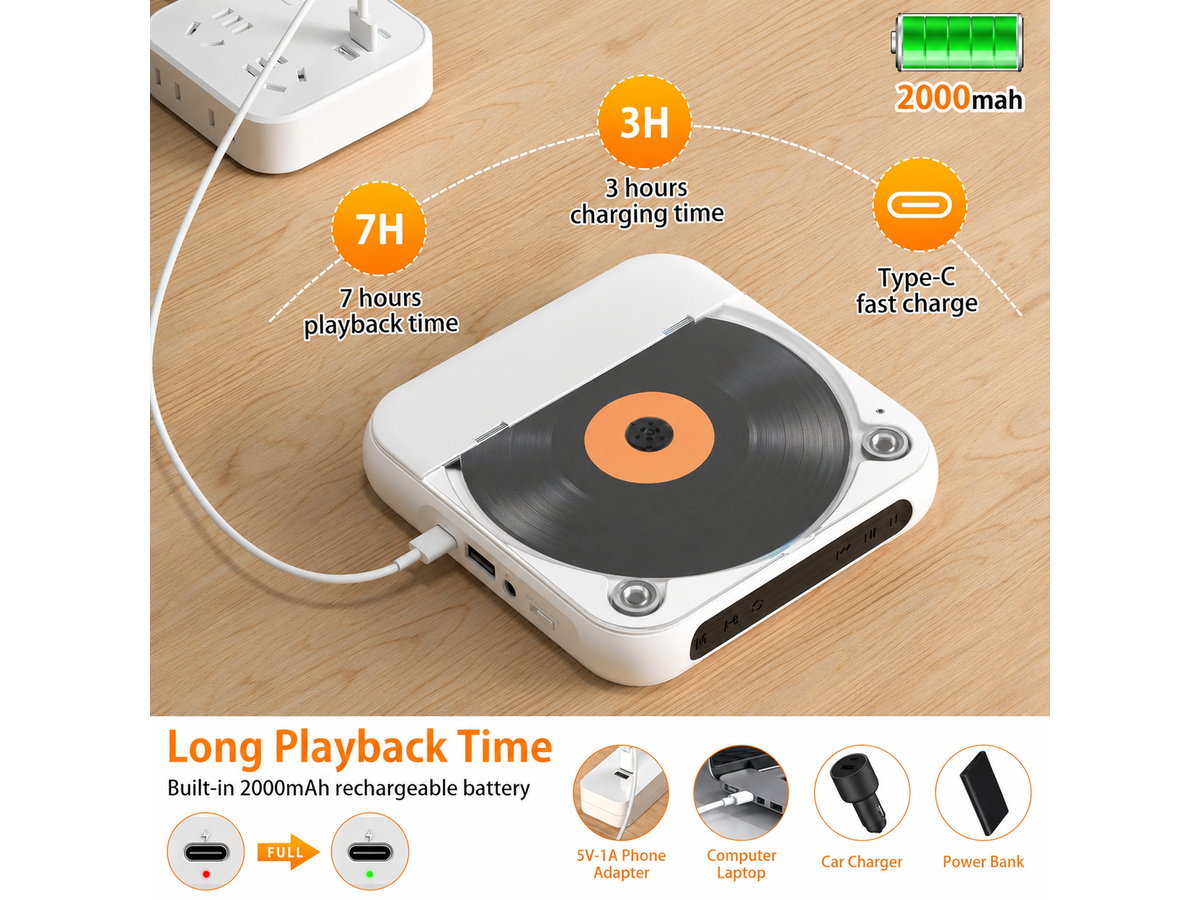 Portable CD Player with Bluetooth Rechargeable CD Player with 1200mAh Battery