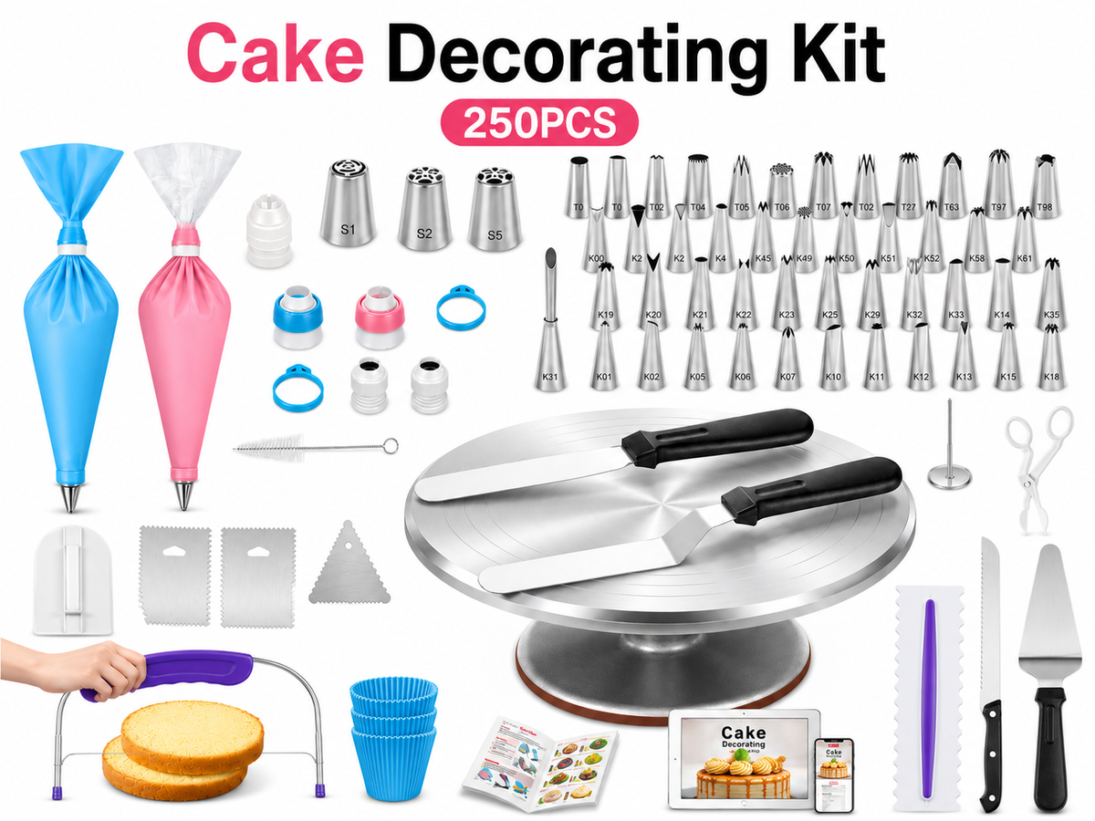 Cake Decor Set 250 Piece Baking Kit with Aluminum Turntable and Piping Accessories