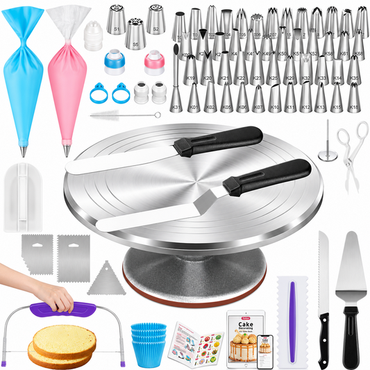 Cake Decor Set 250 Piece Baking Kit with Aluminum Turntable