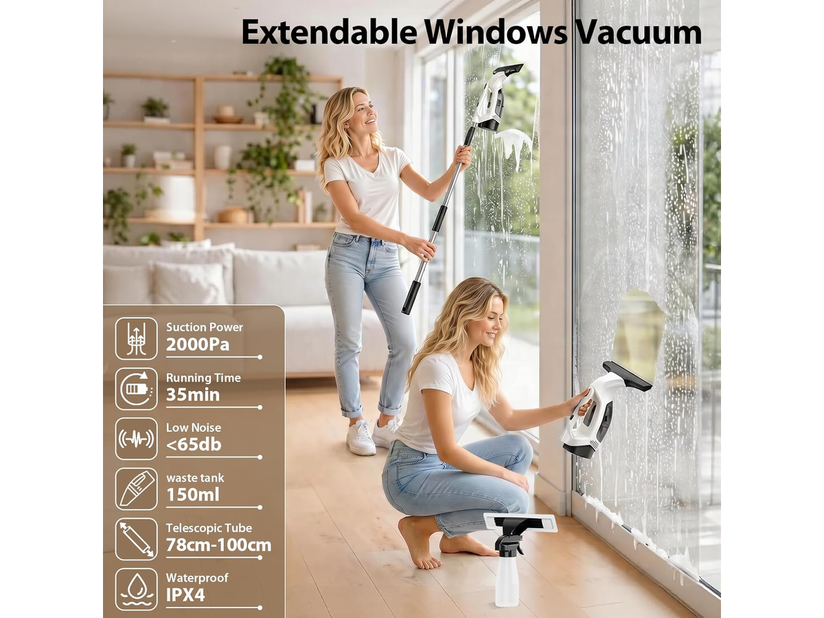 Electric Window Cleaner Cordless Window Vacuum Squeegee with Extension Pole