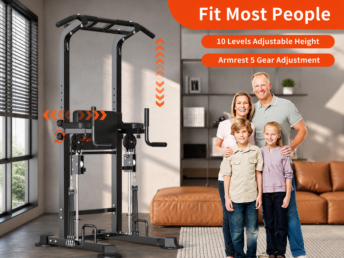 Power Tower Pull Up Bar Adjustable Multi Function Dip Station with Support Pad