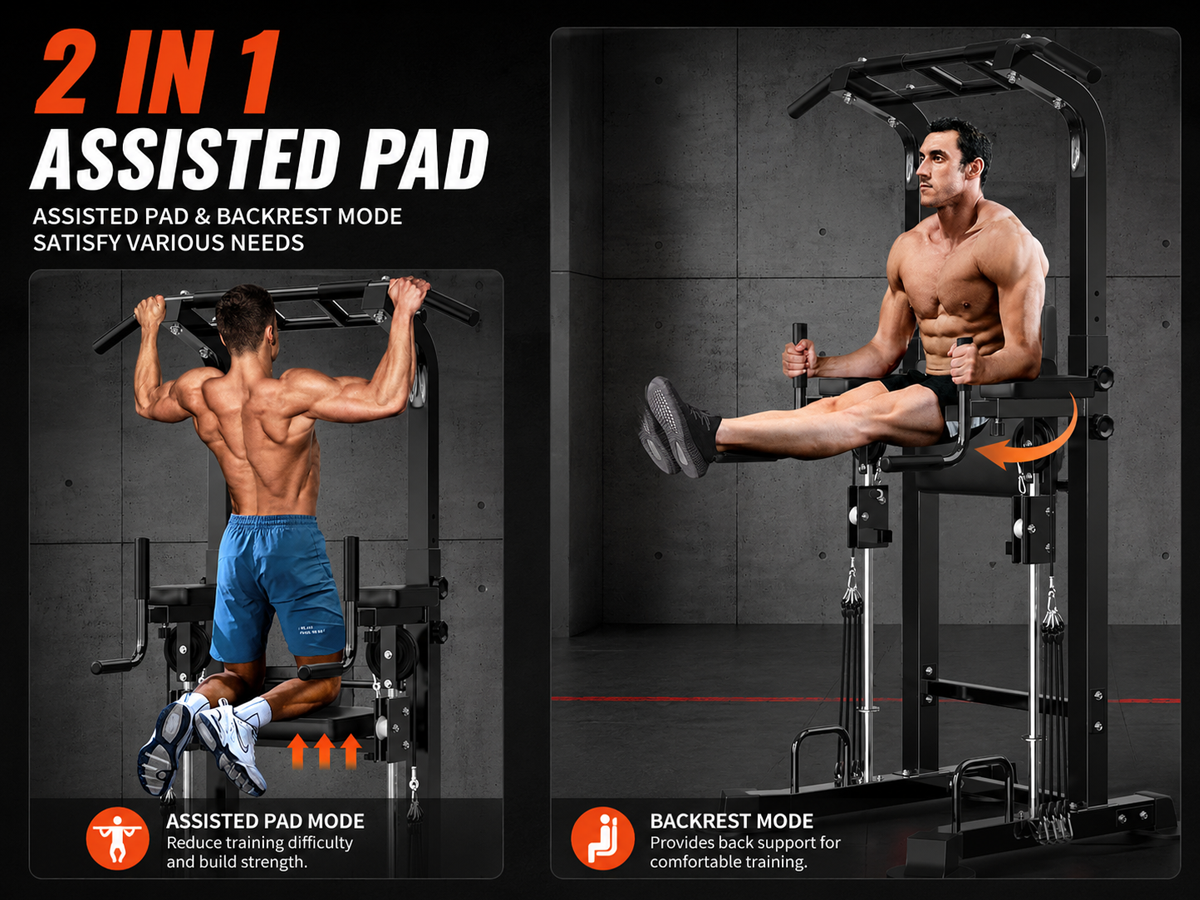 Power Tower Pull Up Bar Adjustable Multi Function Dip Station with Support Pad