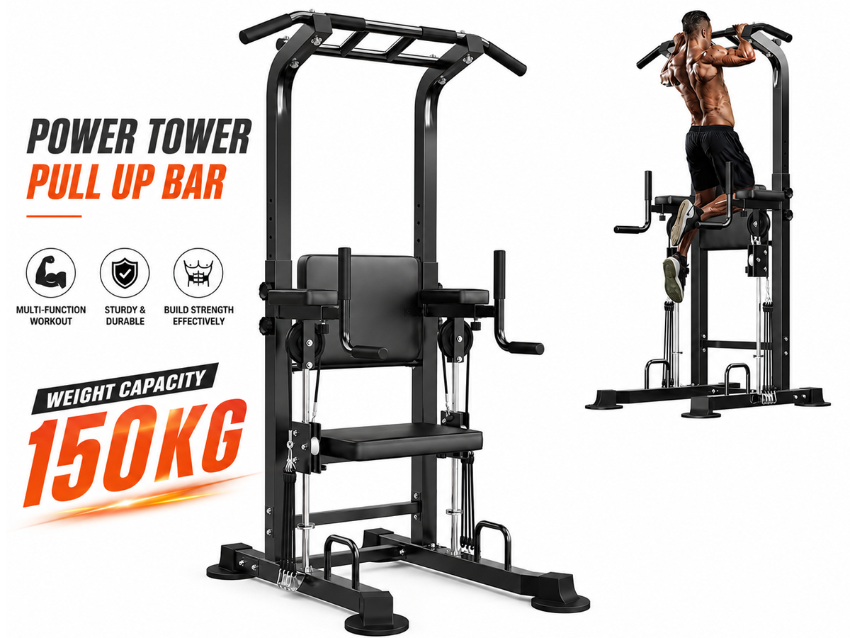 Power Tower Pull Up Bar Adjustable Multi Function Dip Station with Support Pad