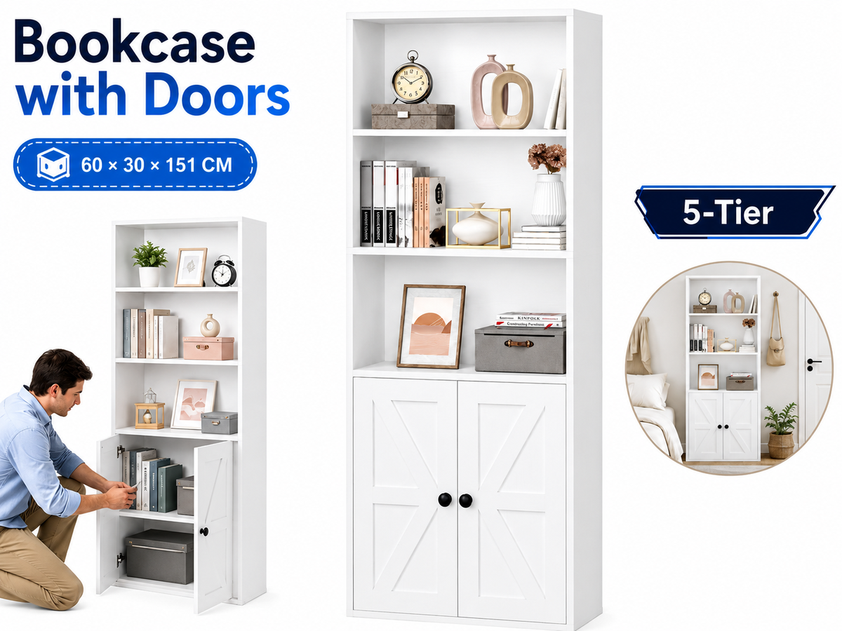Bookcase with Doors 5 Tier Farmhouse Storage Cabinet Bookshelf