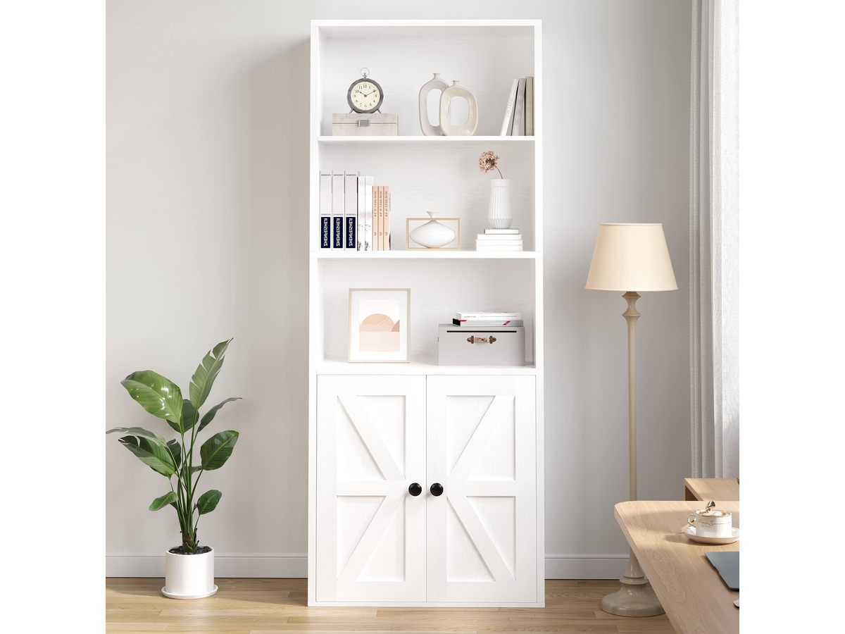 Bookcase with Doors 5 Tier Farmhouse Storage Cabinet Bookshelf