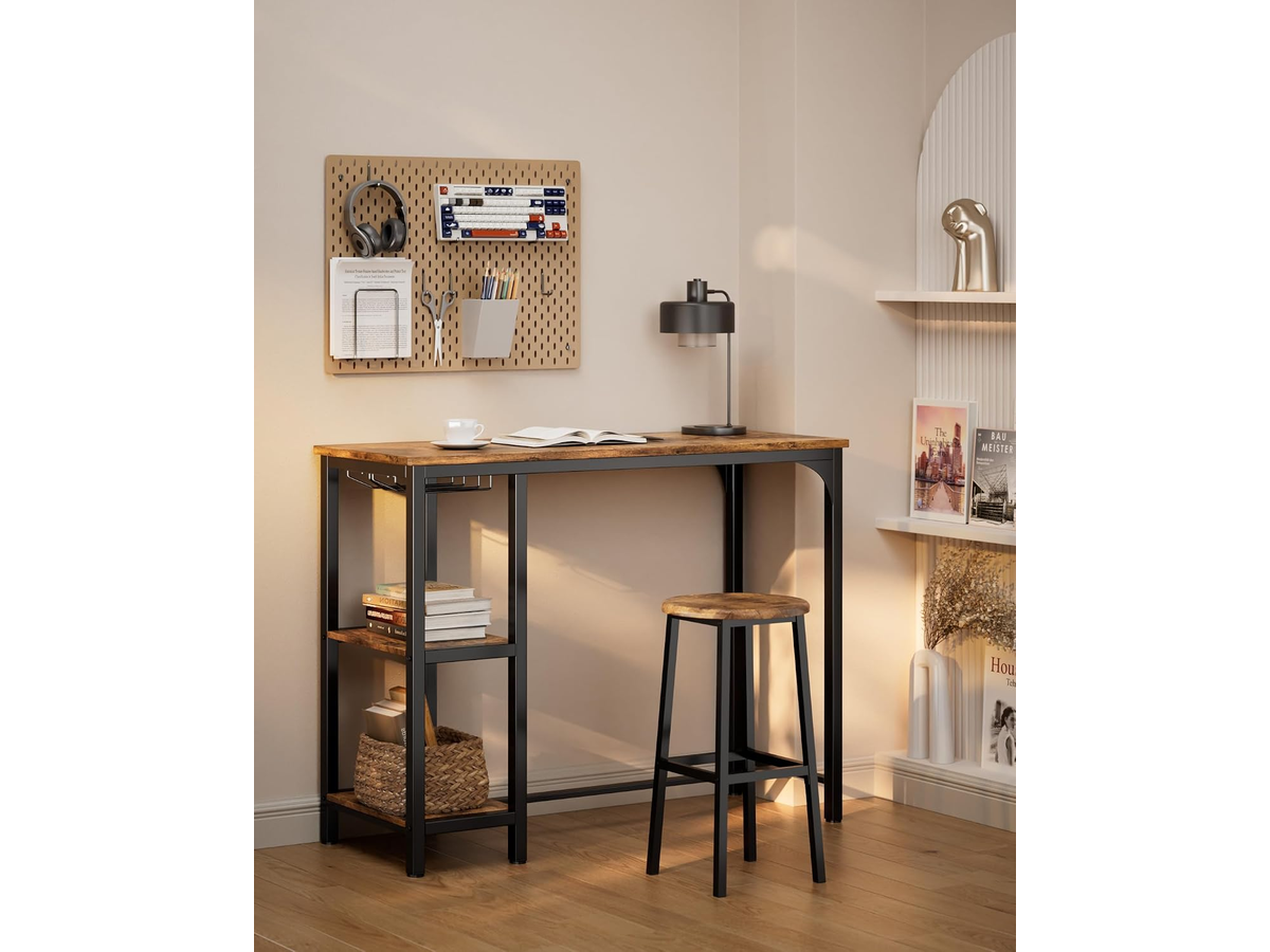 Bar Table Set 3 Piece Counter Height Dining Table with 2 Stools Storage Shelves