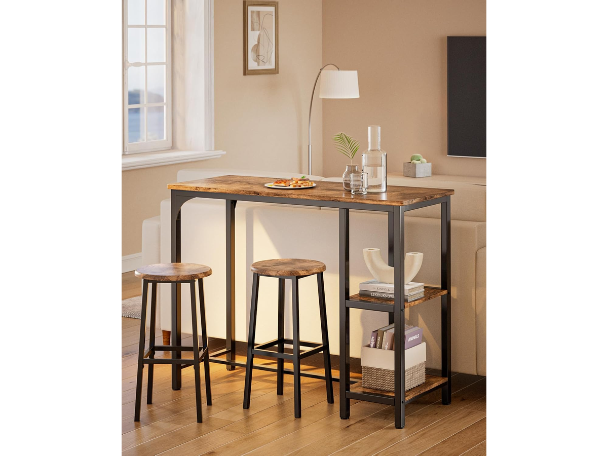 Bar Table Set 3 Piece Counter Height Dining Table with 2 Stools Storage Shelves