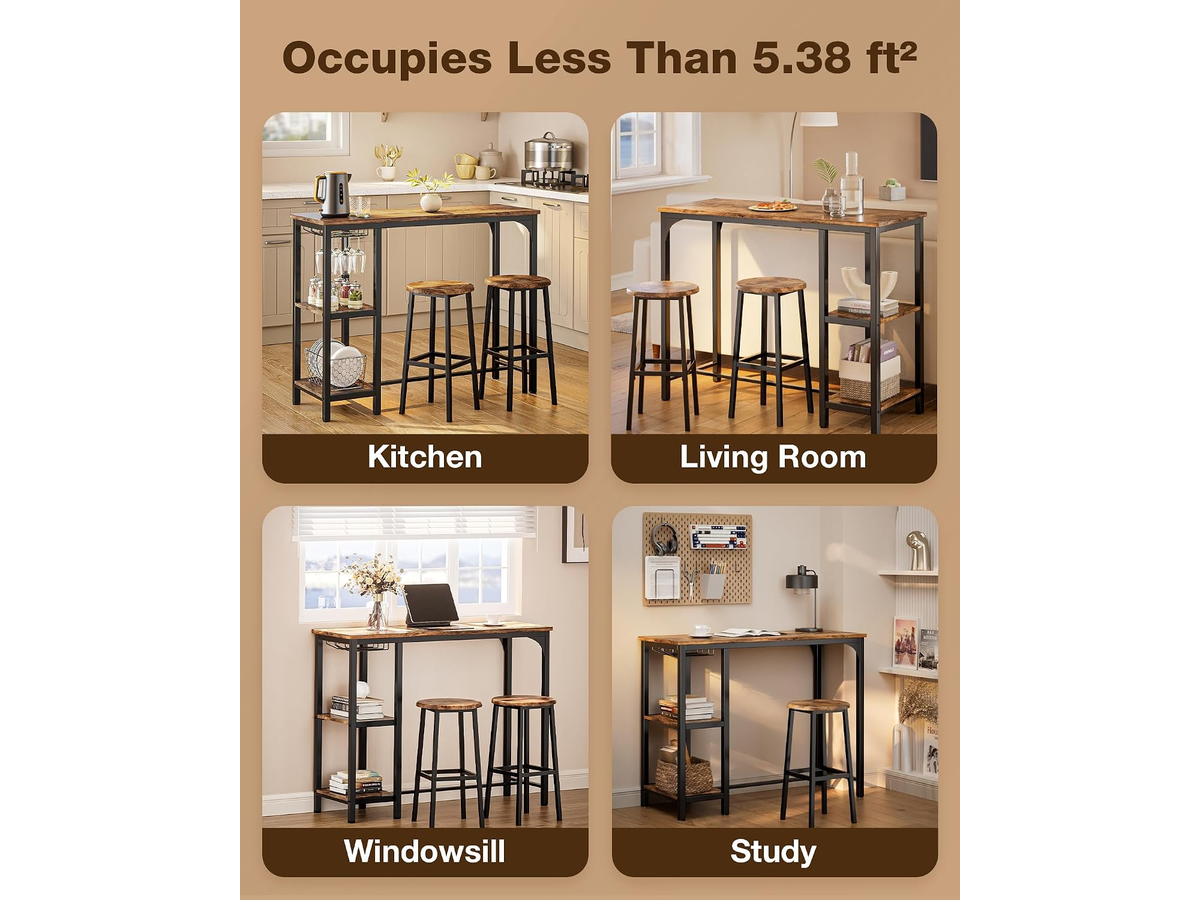 Bar Table Set 3 Piece Counter Height Dining Table with 2 Stools Storage Shelves