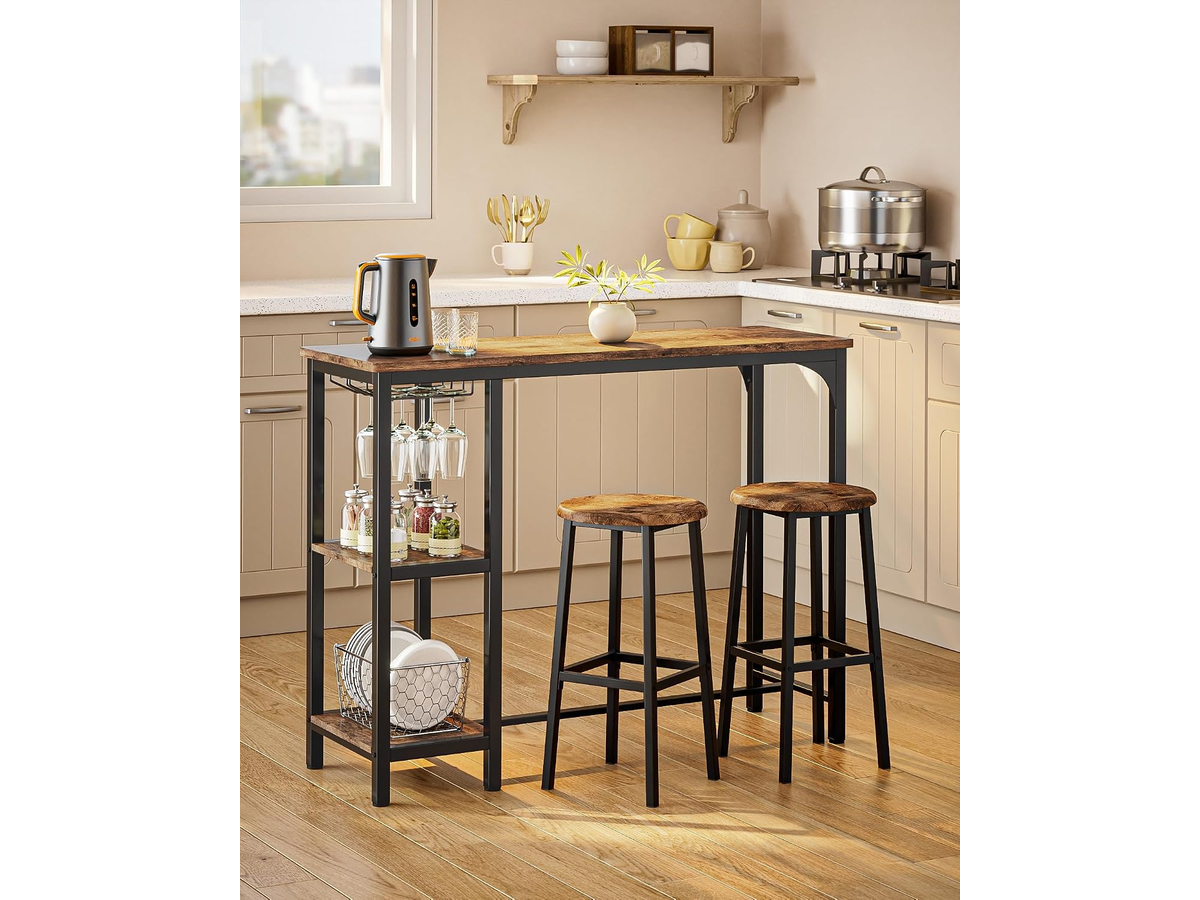 Bar Table Set 3 Piece Counter Height Dining Table with 2 Stools Storage Shelves