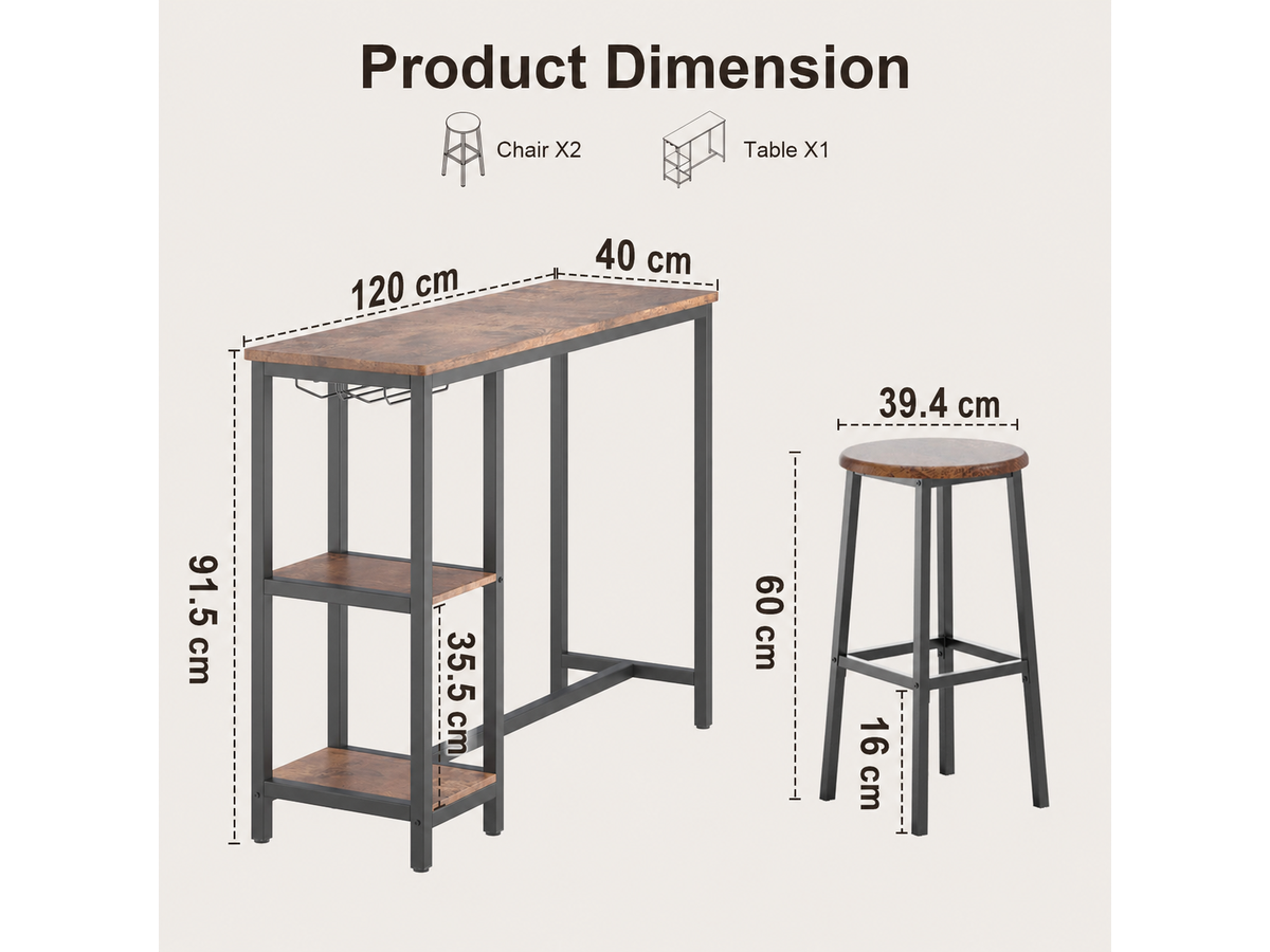 Bar Table Set 3 Piece Counter Height Dining Table with 2 Stools Storage Shelves