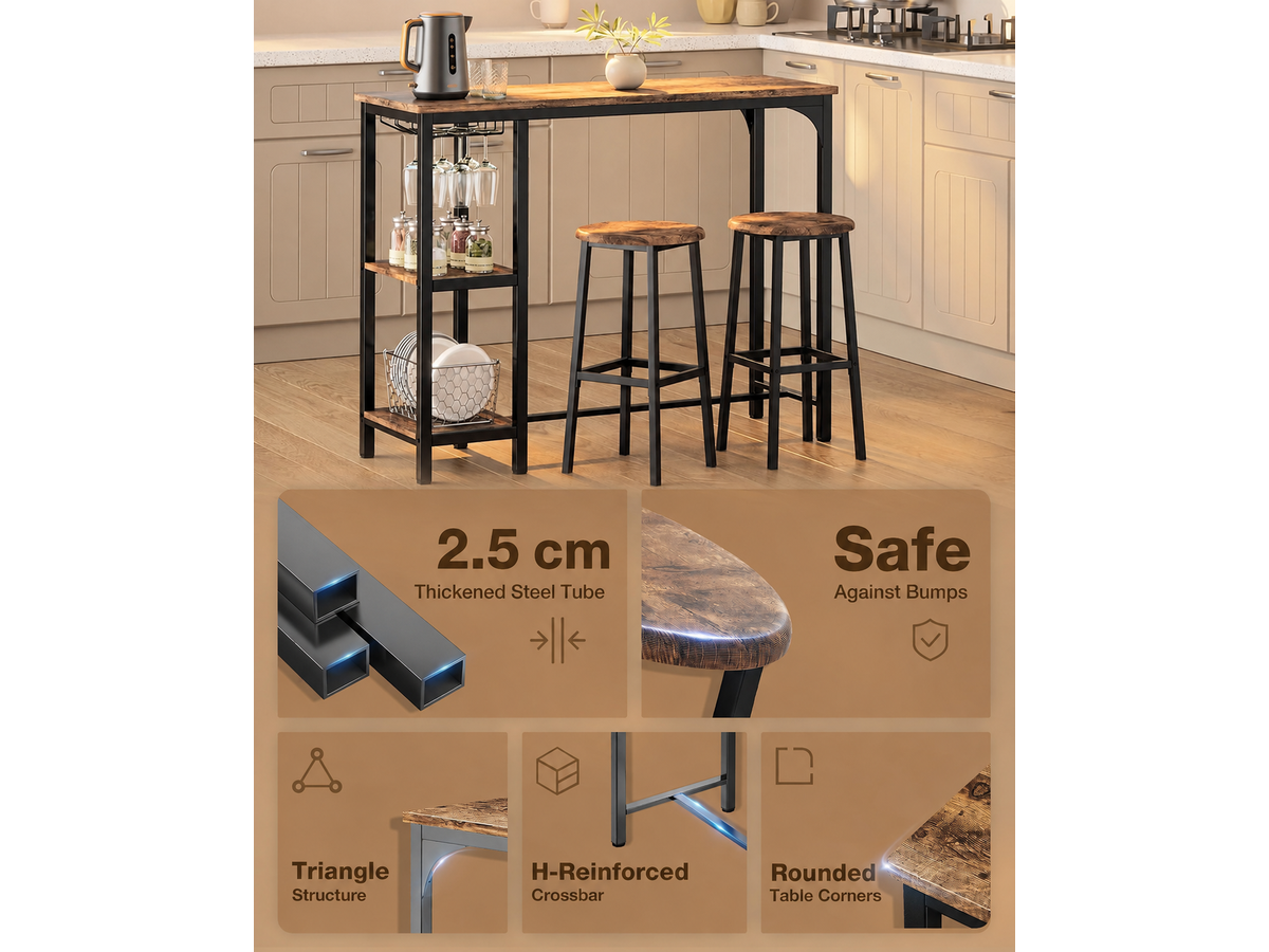 Bar Table Set 3 Piece Counter Height Dining Table with 2 Stools Storage Shelves