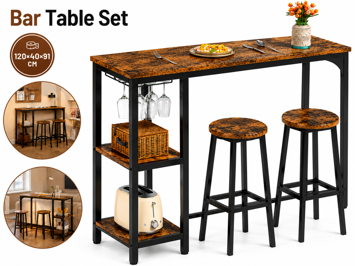 Bar Table Set 3 Piece Counter Height Dining Table with 2 Stools Storage Shelves