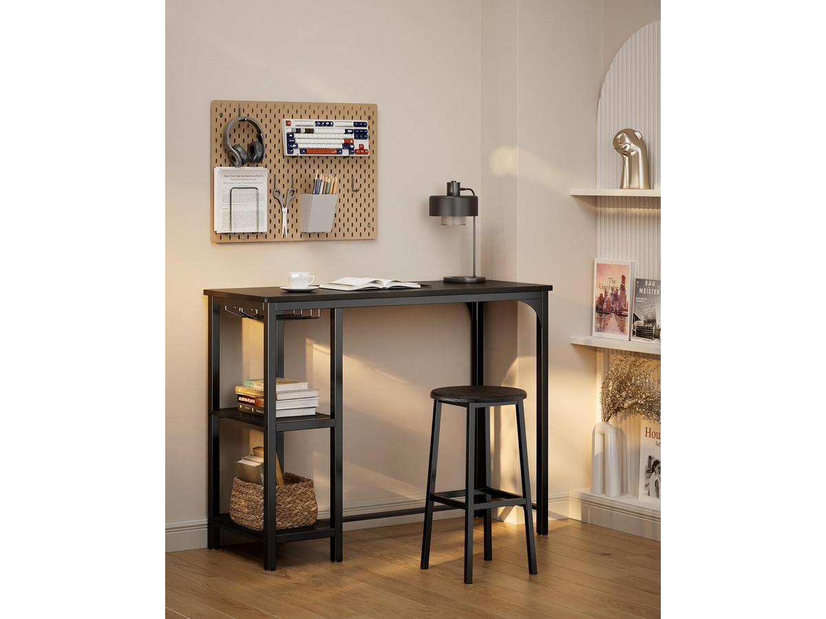 Bar Table Set 3 Piece Counter Height Dining Table with 2 Stools Storage Shelves