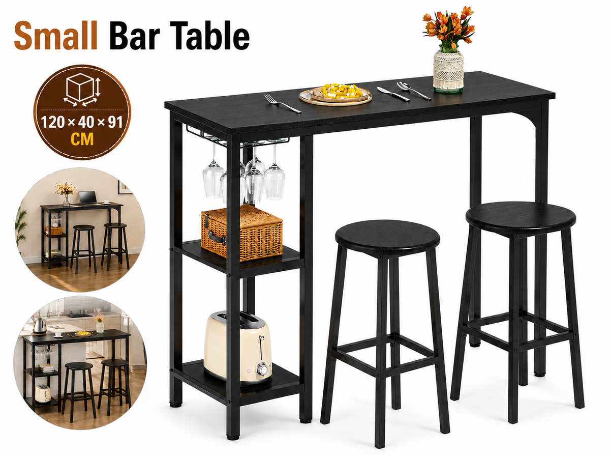 Bar Table Set 3 Piece Counter Height Dining Table with 2 Stools Storage Shelves