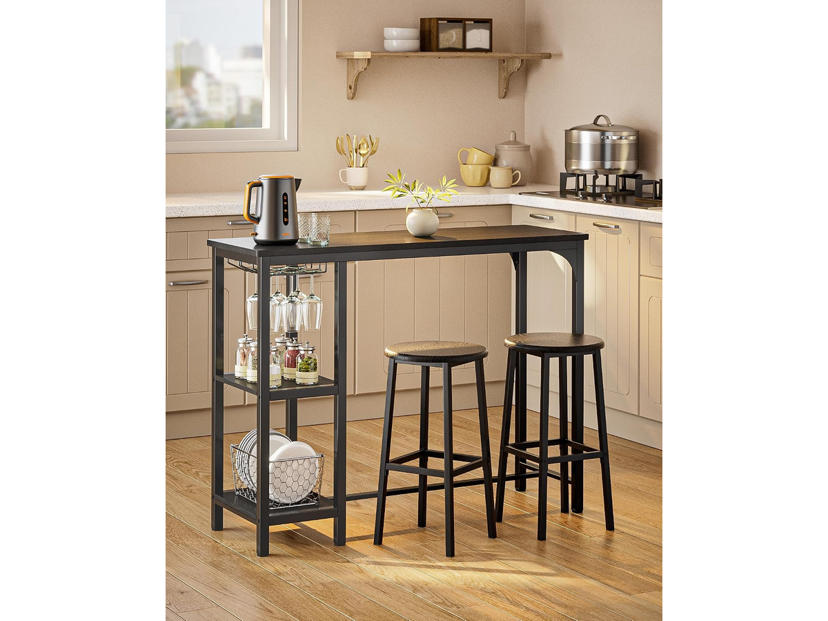 Bar Table Set 3 Piece Counter Height Dining Table with 2 Stools Storage Shelves