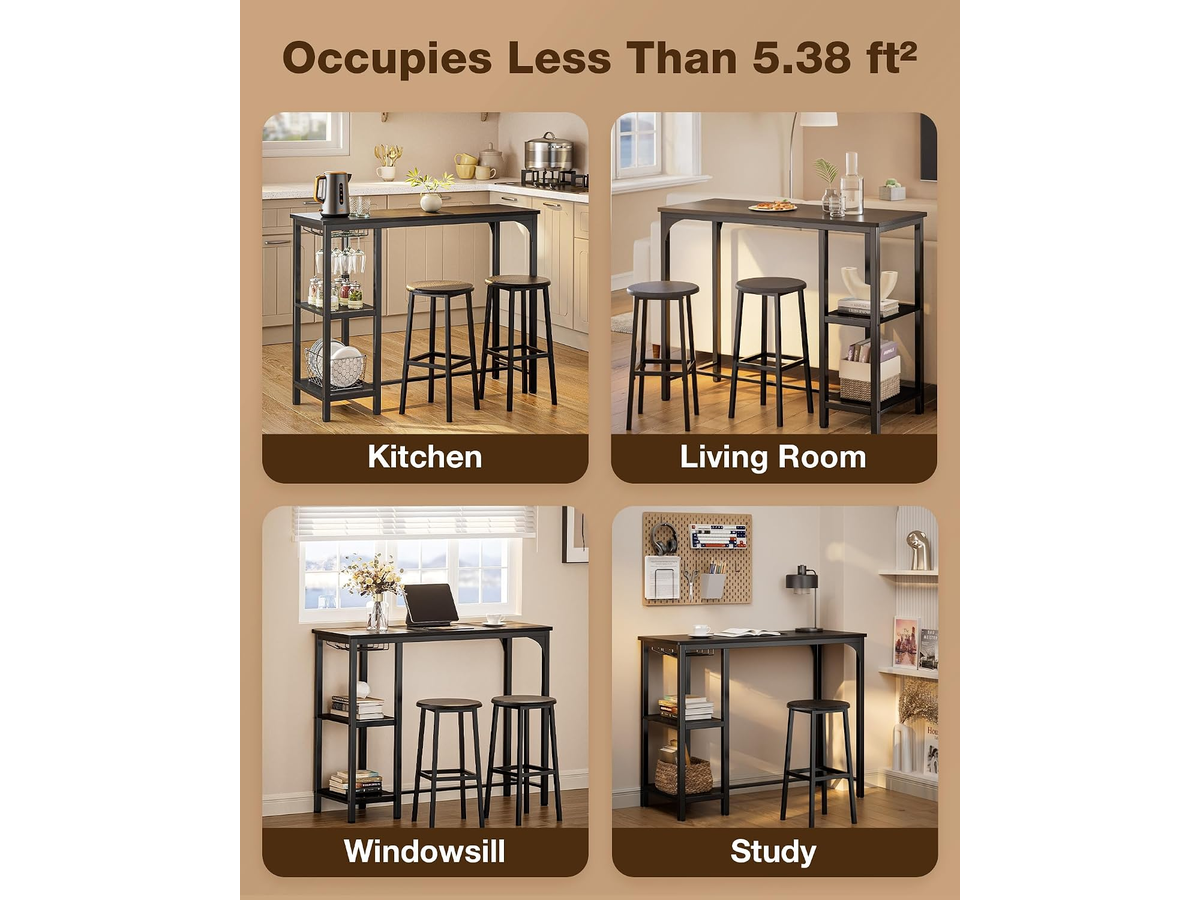 Bar Table Set 3 Piece Counter Height Dining Table with 2 Stools Storage Shelves