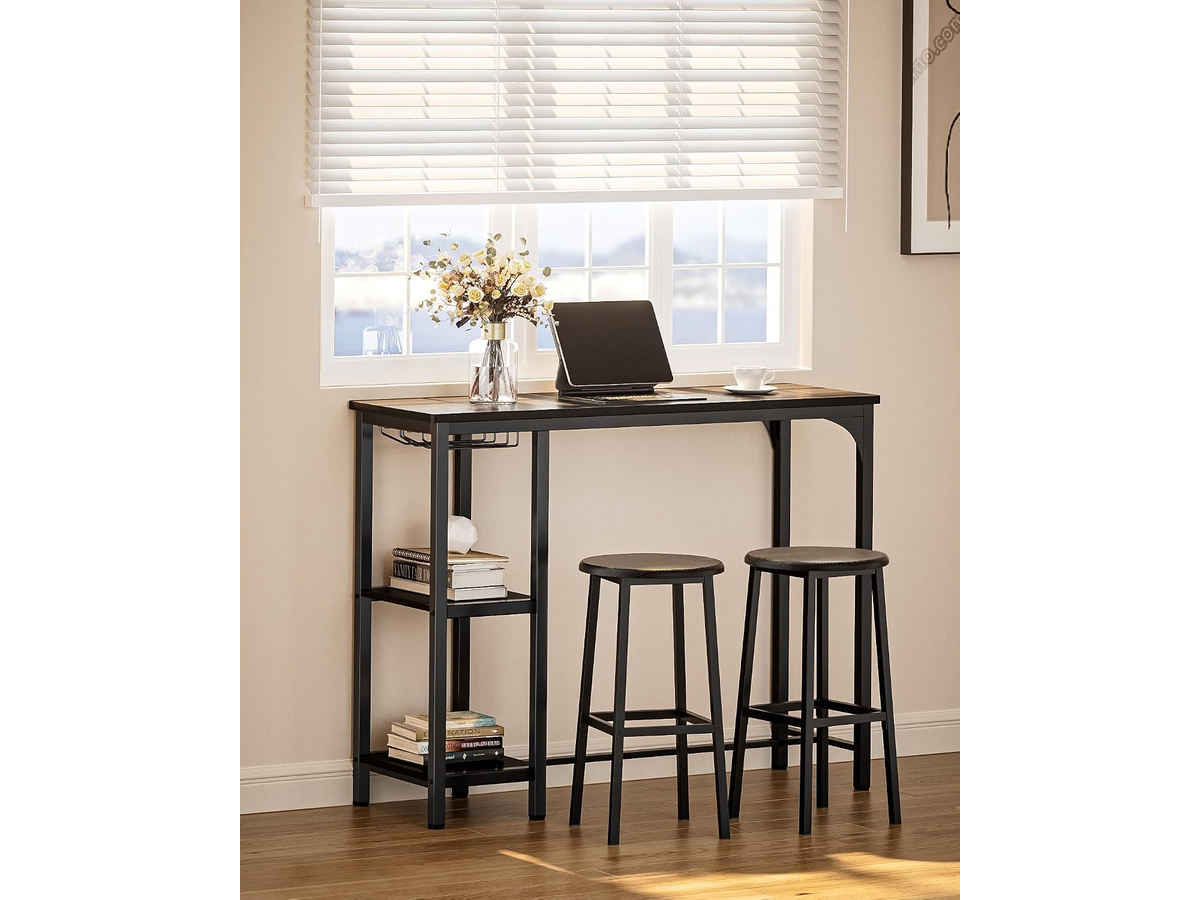 Bar Table Set 3 Piece Counter Height Dining Table with 2 Stools Storage Shelves