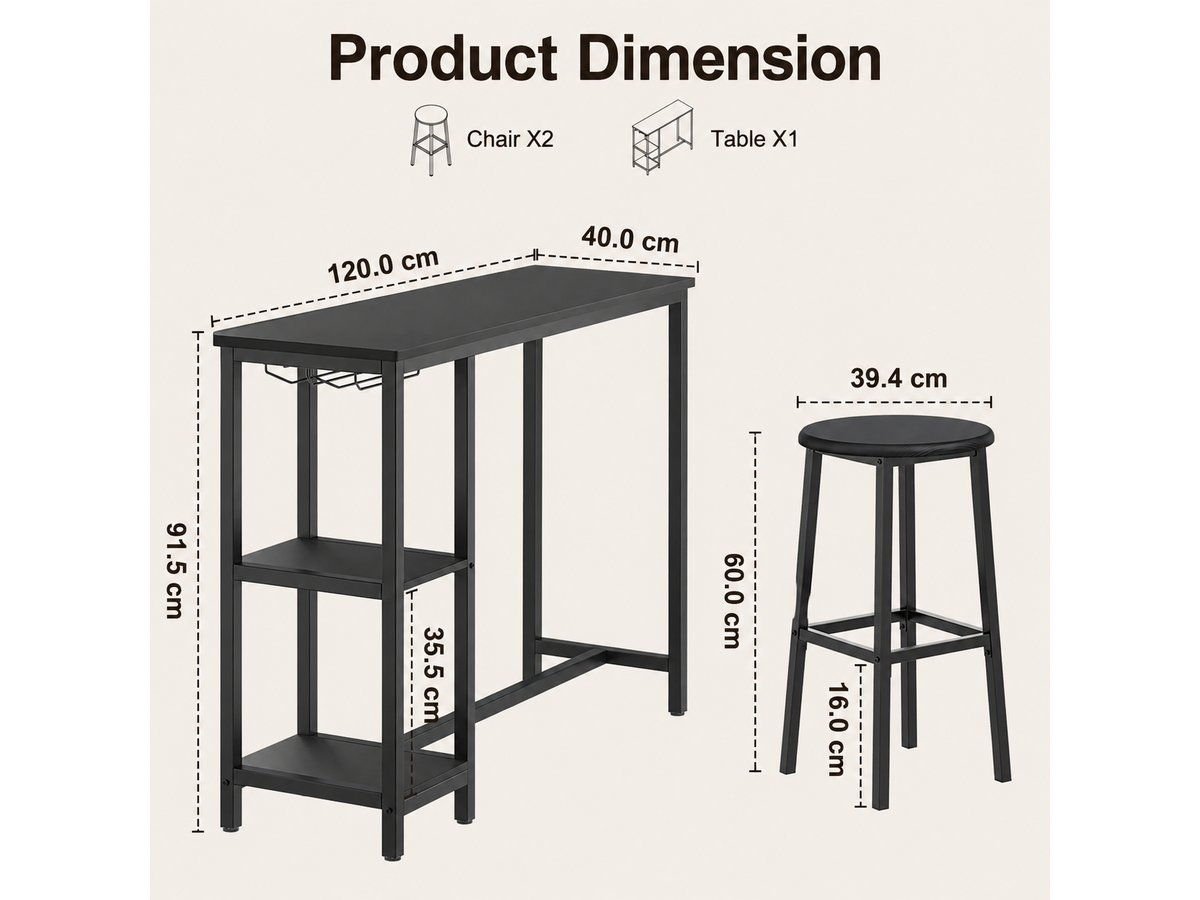 Bar Table Set 3 Piece Counter Height Dining Table with 2 Stools Storage Shelves