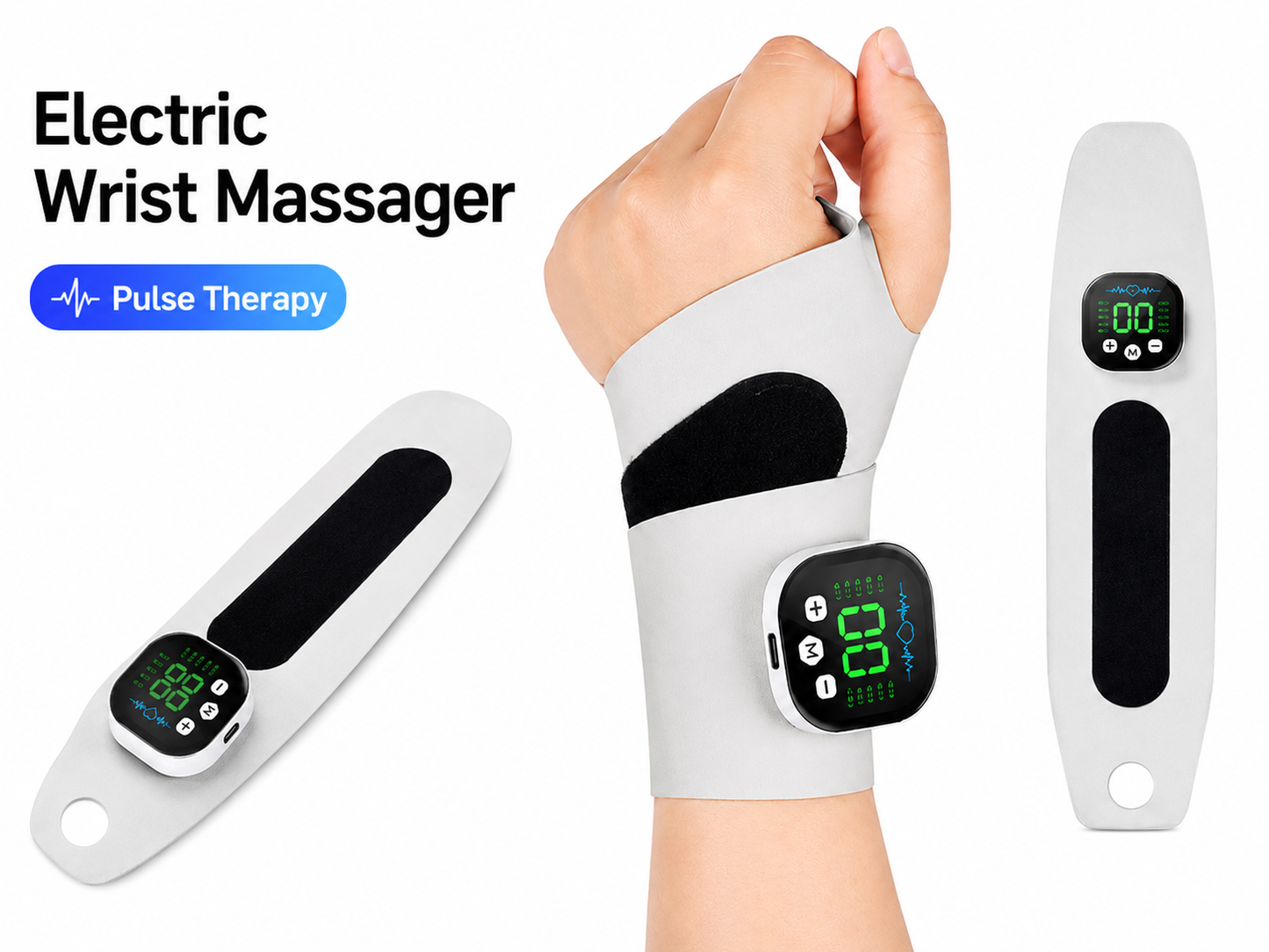 Electric Wrist Massager Cordless EMS Pulse Therapy Wrist Brace with LCD Display