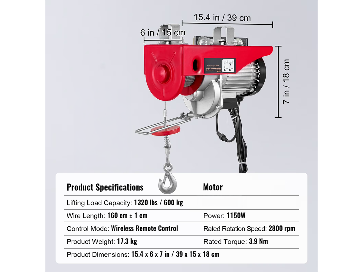 Lift Electric Hoist 600kg Remote Controlled Electric Winch with Wireless Remote