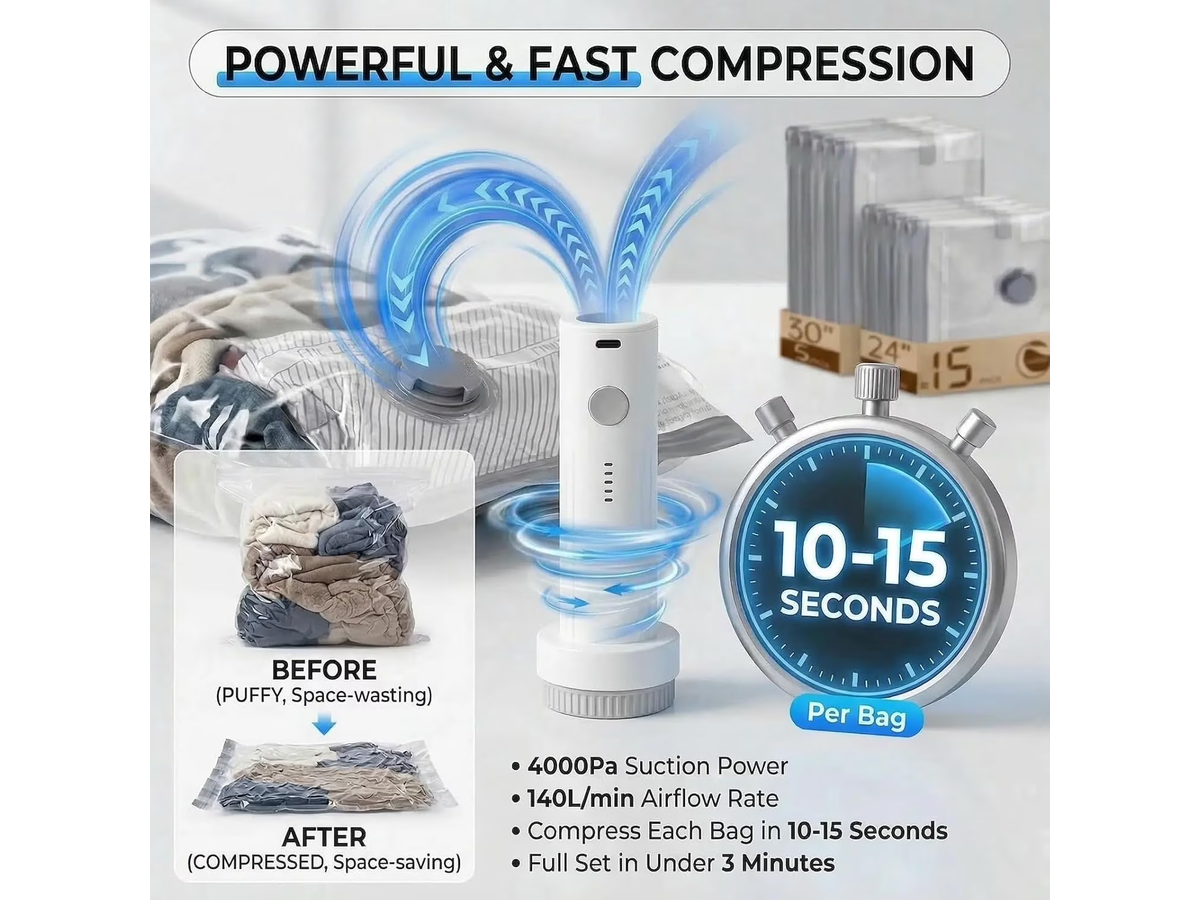 Travel Vacuum Bags Cordless Compression Storage Set with Rechargeable Air Pump