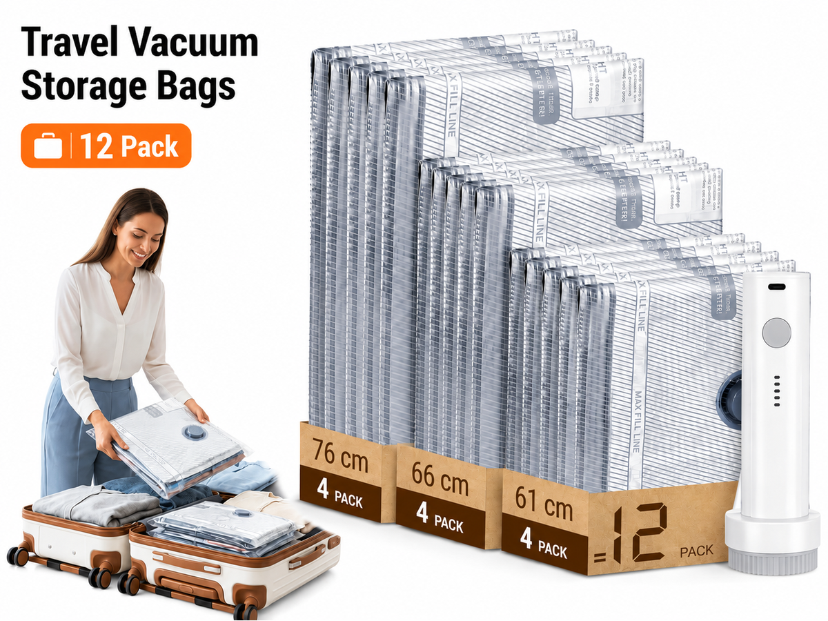 Travel Vacuum Storage Bags with Cordless Rechargeable Pump 12 Pack Space Saver Set