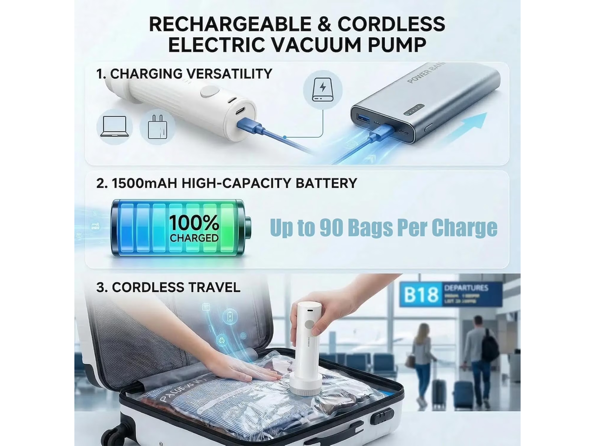 Travel Vacuum Storage Bags with Cordless Rechargeable Pump 12 Pack Space Saver Set