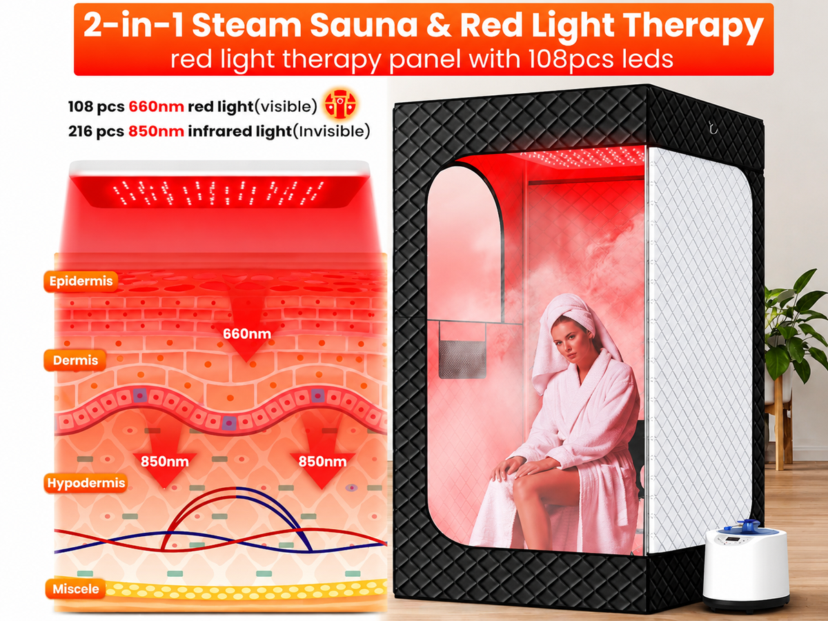 Steam Sauna with Red Light Therapy Portable 1200W Home Sauna Tent