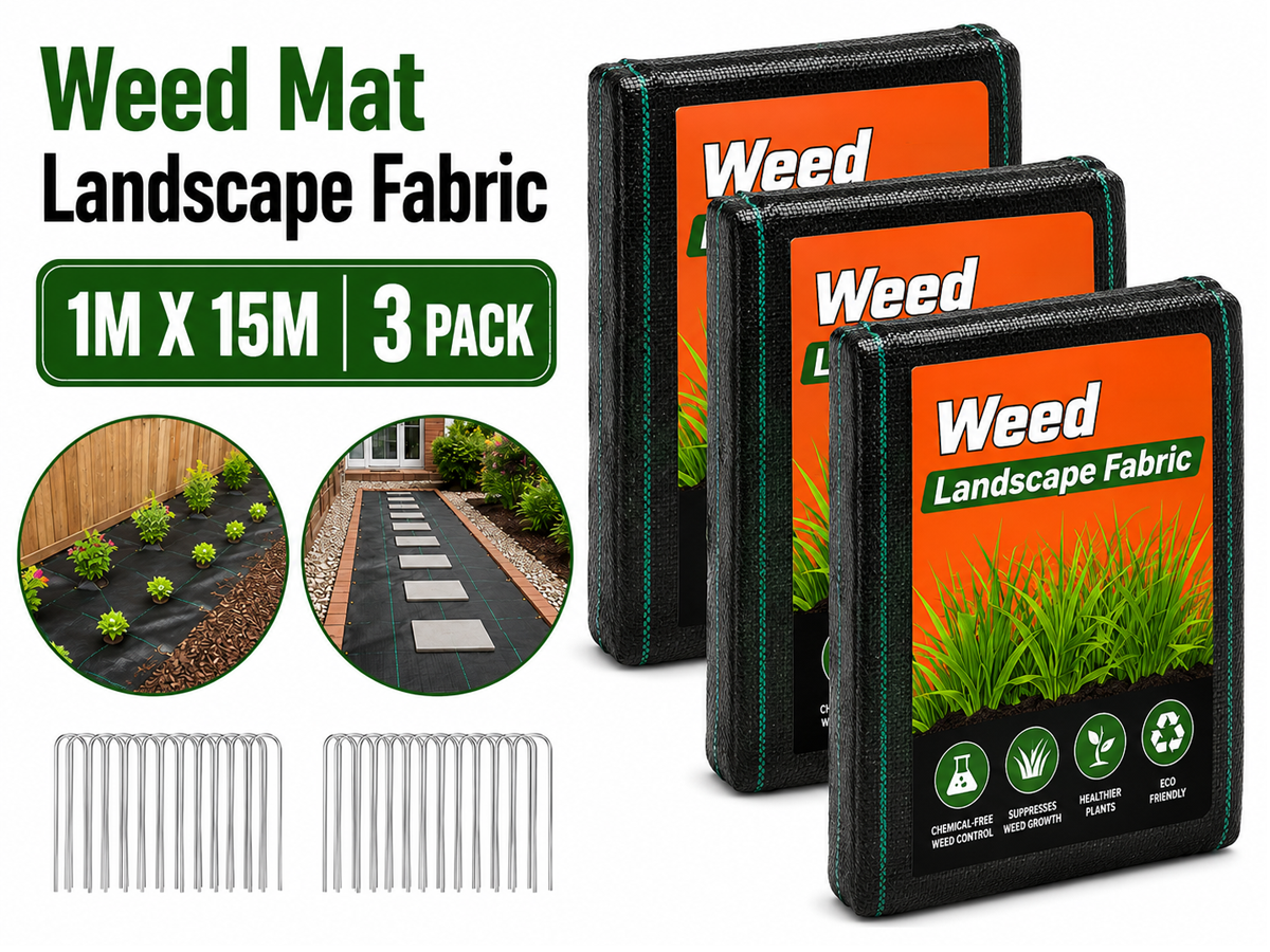 Weed Mat 3 Pack 1M X 15M Heavy Duty Landscape Fabric with 30 Pins