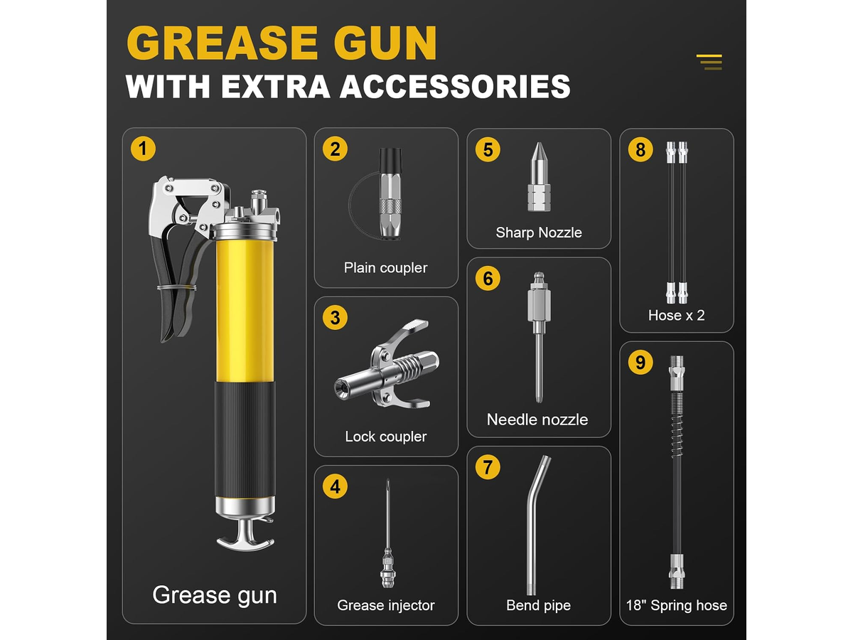 Grease Lubrication Tool Set with Locking Coupler Flex Hose and Accessories