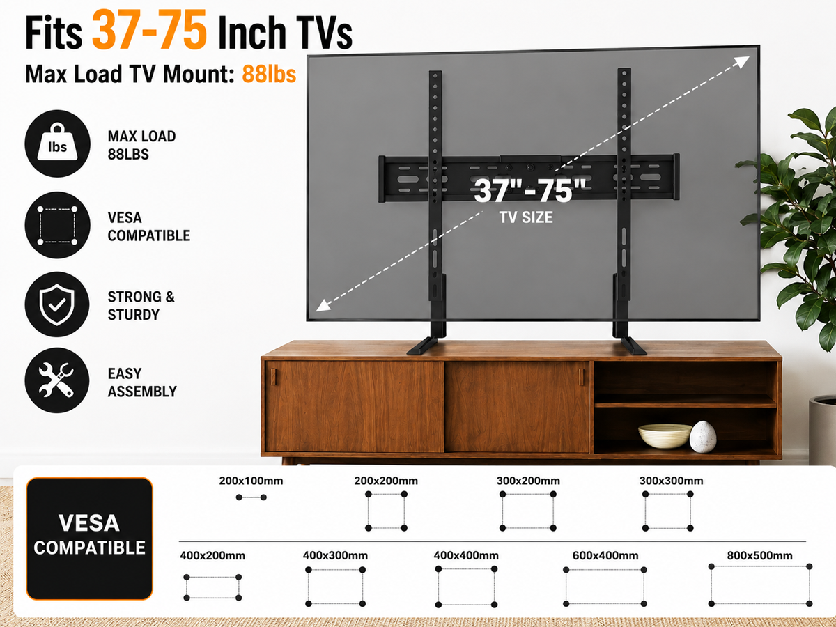 Universal Table Top TV Stand Adjustable TV Base for 37 to 75 Inch TVs