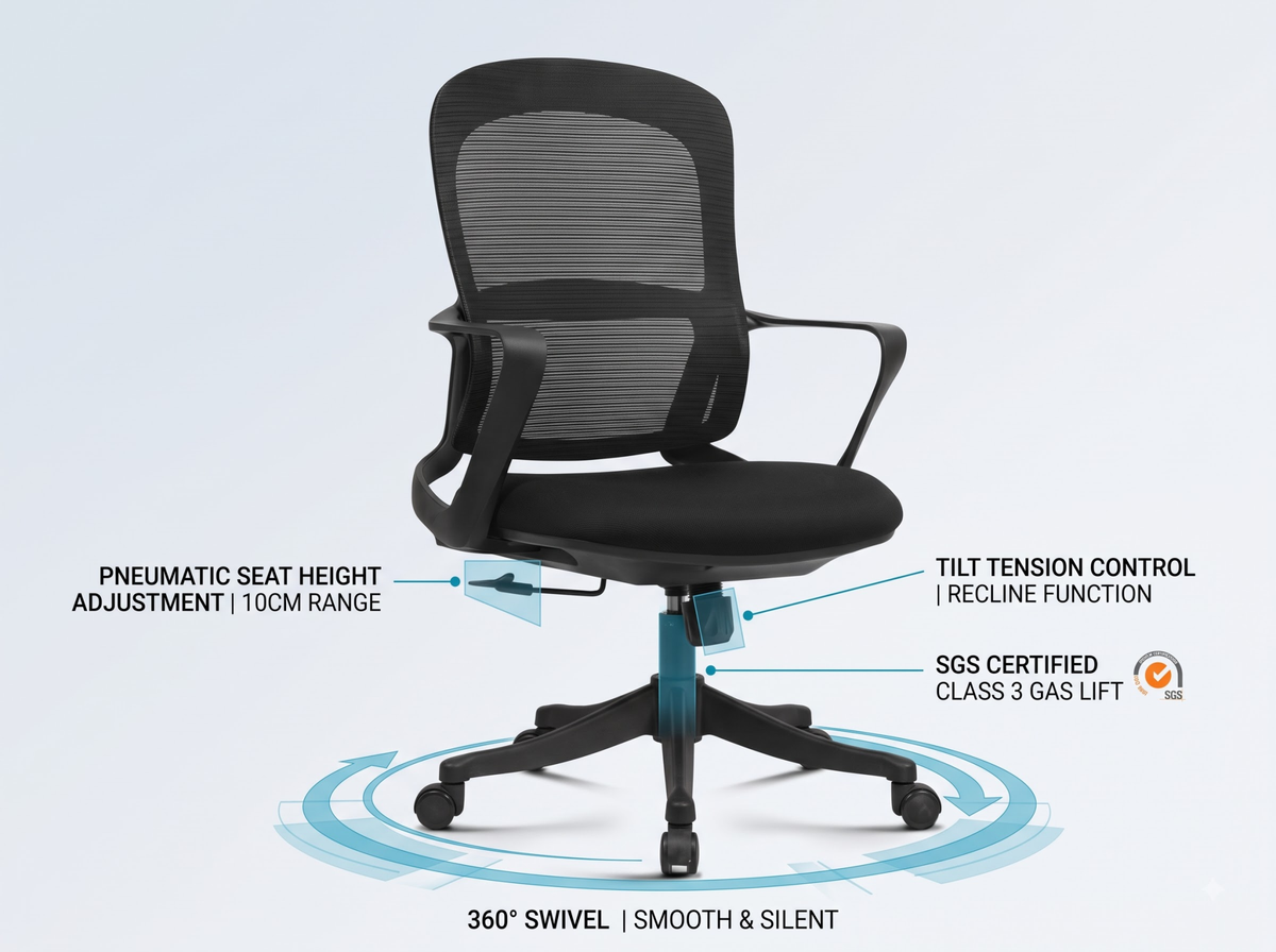 Ergonomic Office Chair Breathable Mesh Adjustable Height 360° Swivel