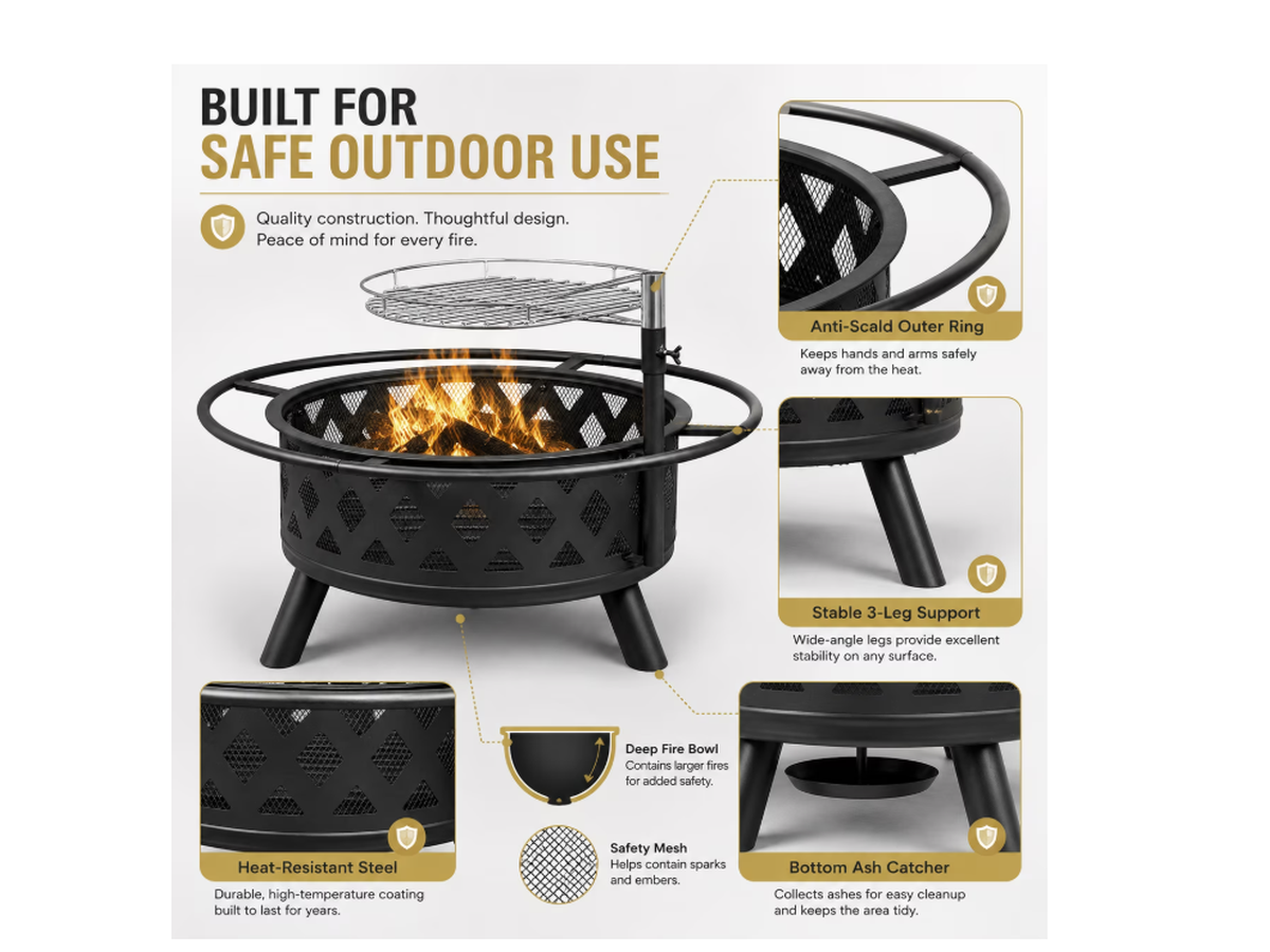 Fire Pit with Grill 2 in 1 Wood Burning Outdoor Fire Pit BBQ for Patio Backyard