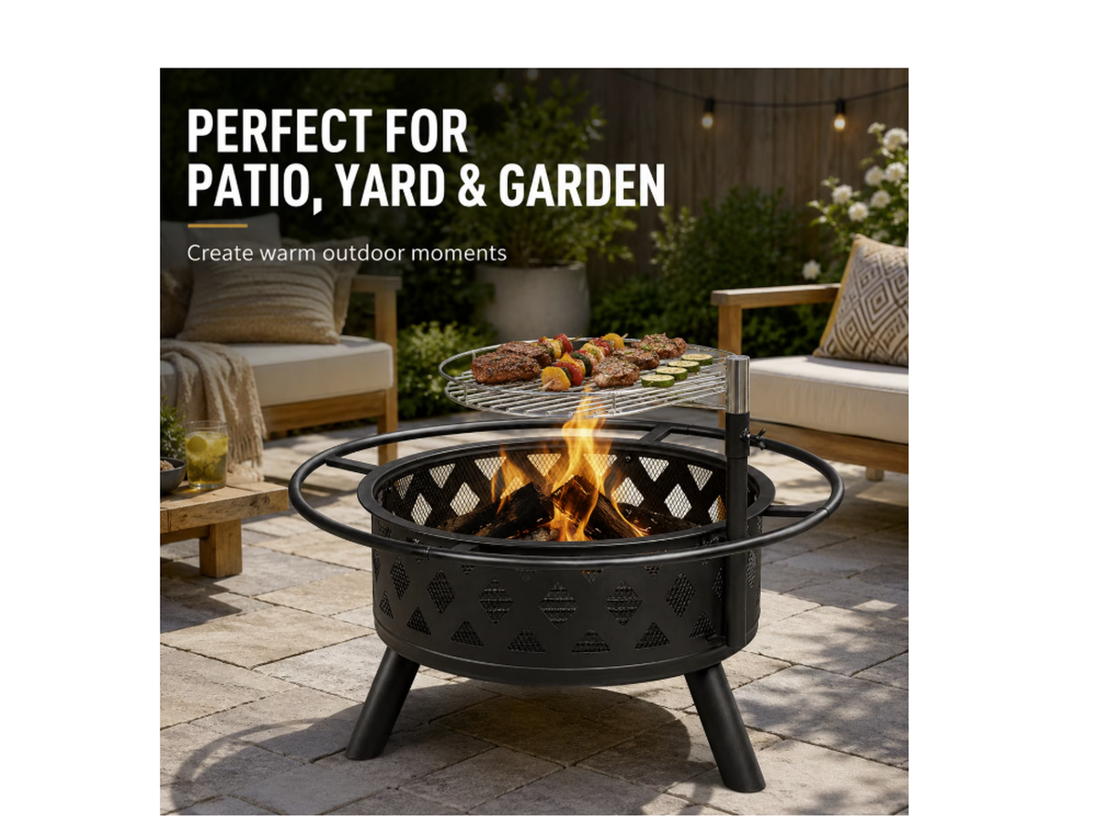 Fire Pit with Grill 2 in 1 Wood Burning Outdoor Fire Pit BBQ for Patio Backyard